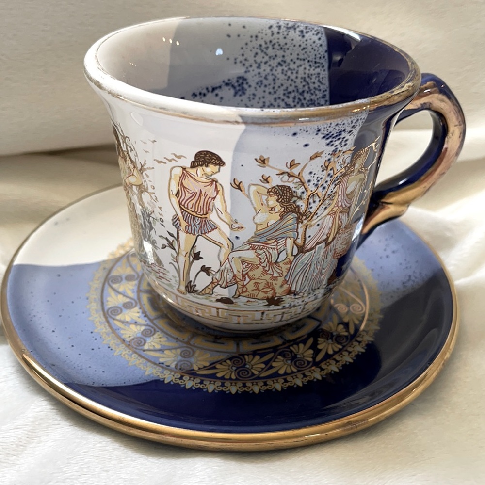 Vintage Handmade Greek Teacup and Saucer w/ 24k gold.